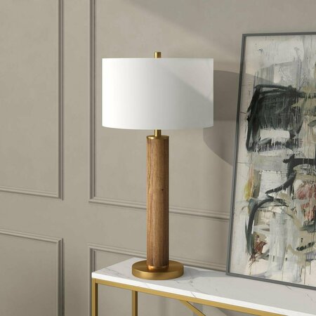 HUDSON & CANAL 29 in. Harlow Table Lamp with Fabric Shade, Rustic Oak & Brass & White TL1617